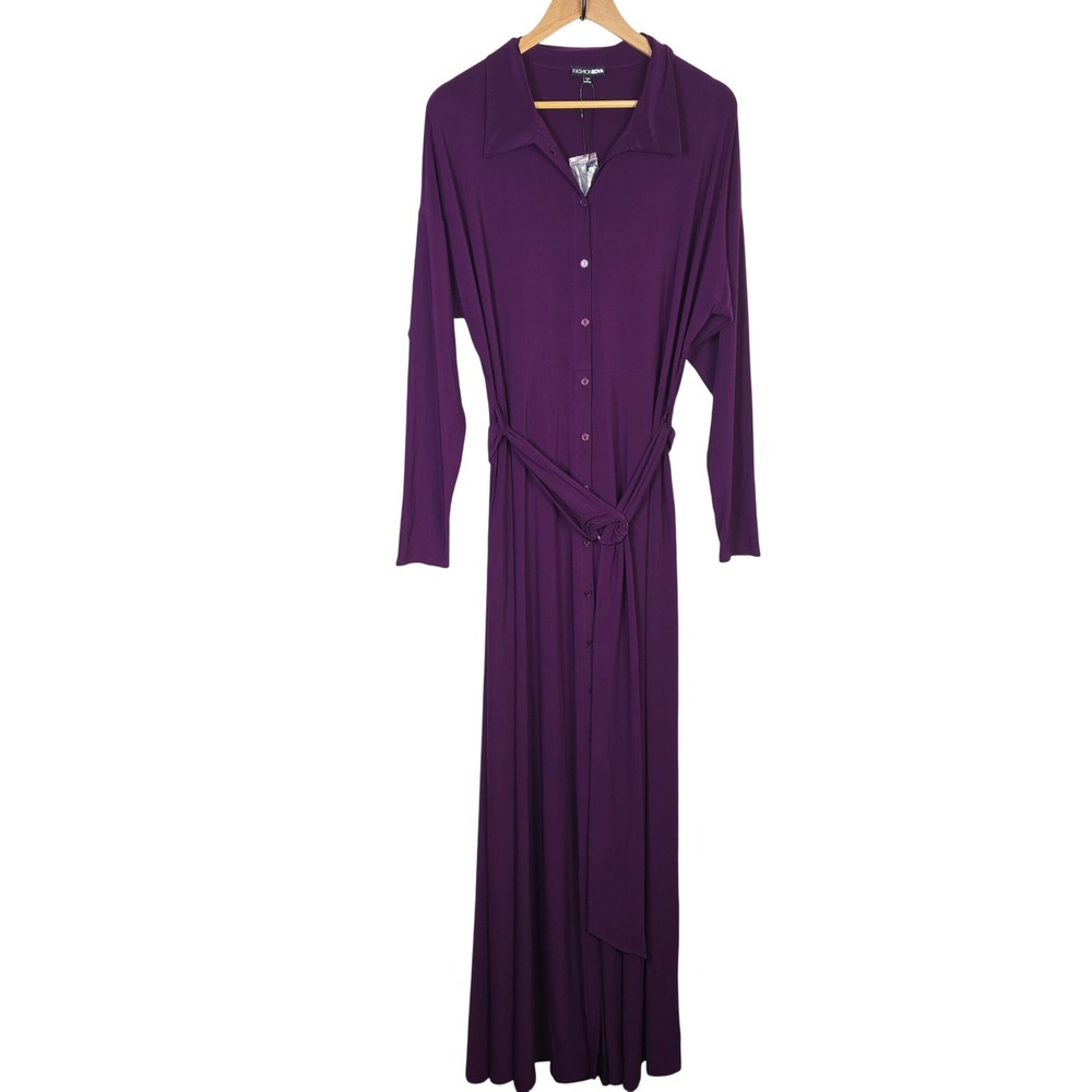 Fashion Nova Amelia Belted Maxi Dress Eggplant Purple Button Front 2X NWT